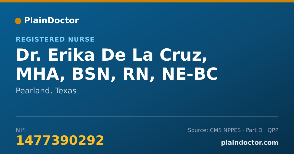 Shareable card for Erika De La Cruz, MHA, BSN, RN, NE-BC - Registered Nurse, Pearland, TX