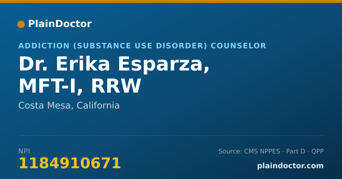 Shareable card for Erika Esparza, MFT-I, RRW - Addiction (Substance Use Disorder) Counselor, Costa Mesa, CA