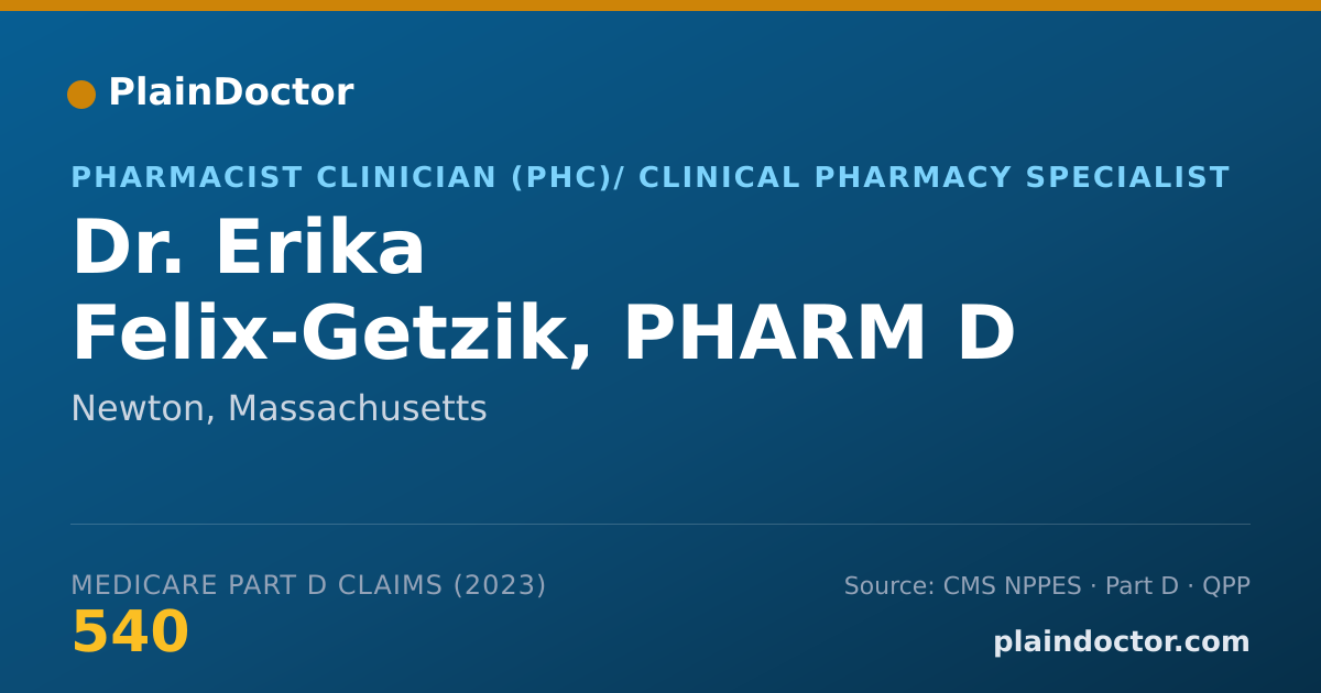 Shareable card for Erika Felix-Getzik, PHARM D - Pharmacist Clinician (PhC)/ Clinical Pharmacy Specialist, Newton, MA