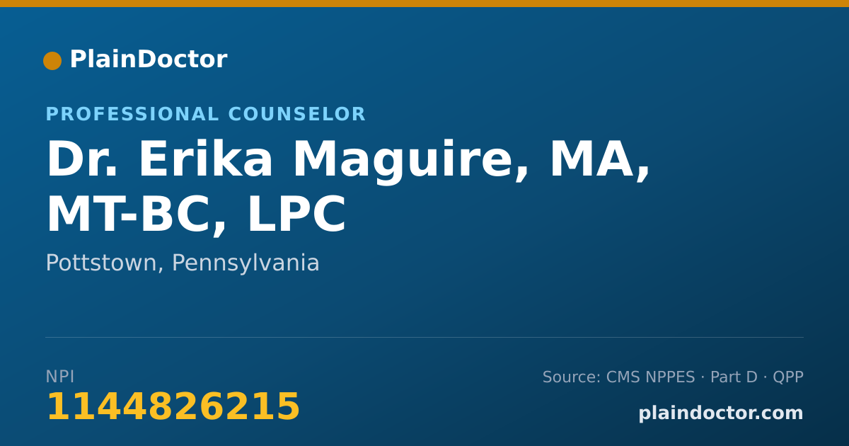 Shareable card for Erika Maguire, MA, MT-BC, LPC - Professional Counselor, Pottstown, PA