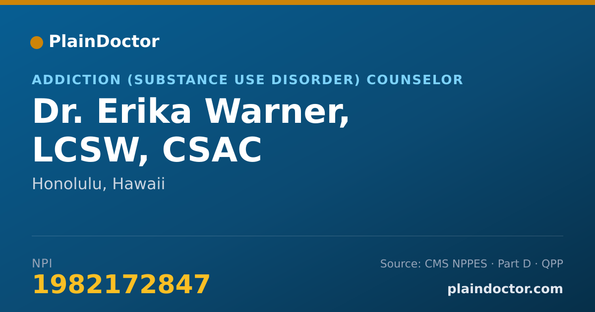 Shareable card for Erika Warner, LCSW, CSAC - Addiction (Substance Use Disorder) Counselor, Honolulu, HI