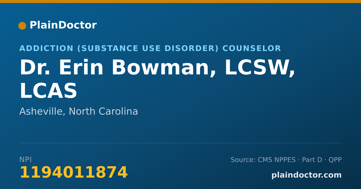Shareable card for Erin Bowman, LCSW, LCAS - Addiction (Substance Use Disorder) Counselor, Asheville, NC