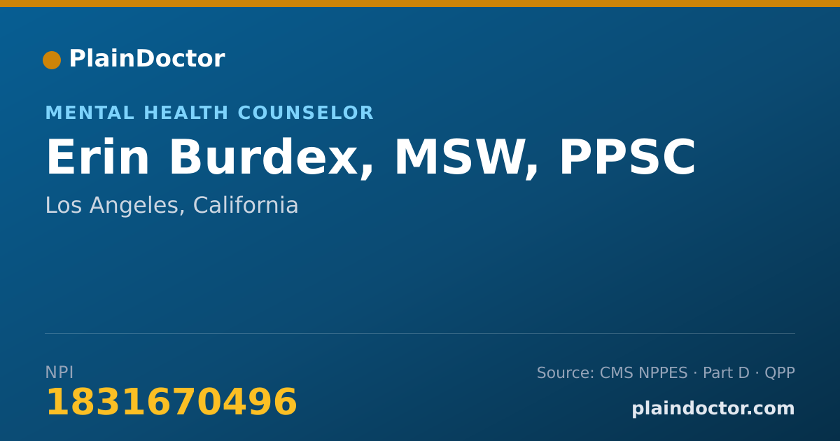 Shareable card for Erin Burdex, MSW, PPSC - Mental Health Counselor, Los Angeles, CA