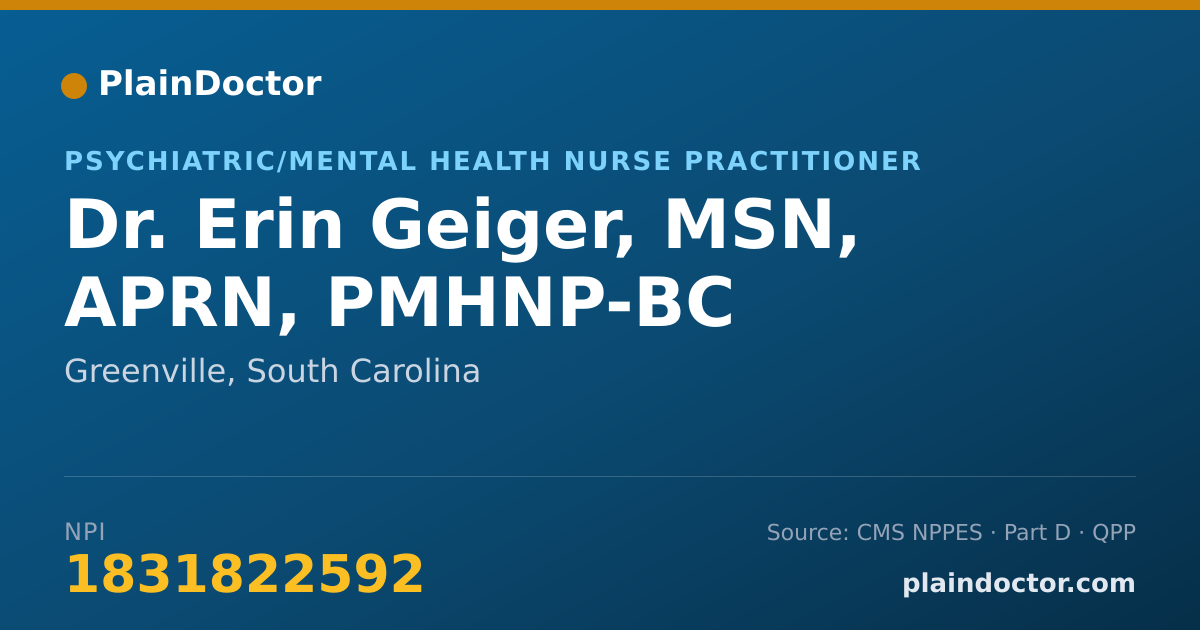 Shareable card for Erin Geiger, MSN, APRN, PMHNP-BC - Psychiatric/Mental Health Nurse Practitioner, Greenville, SC