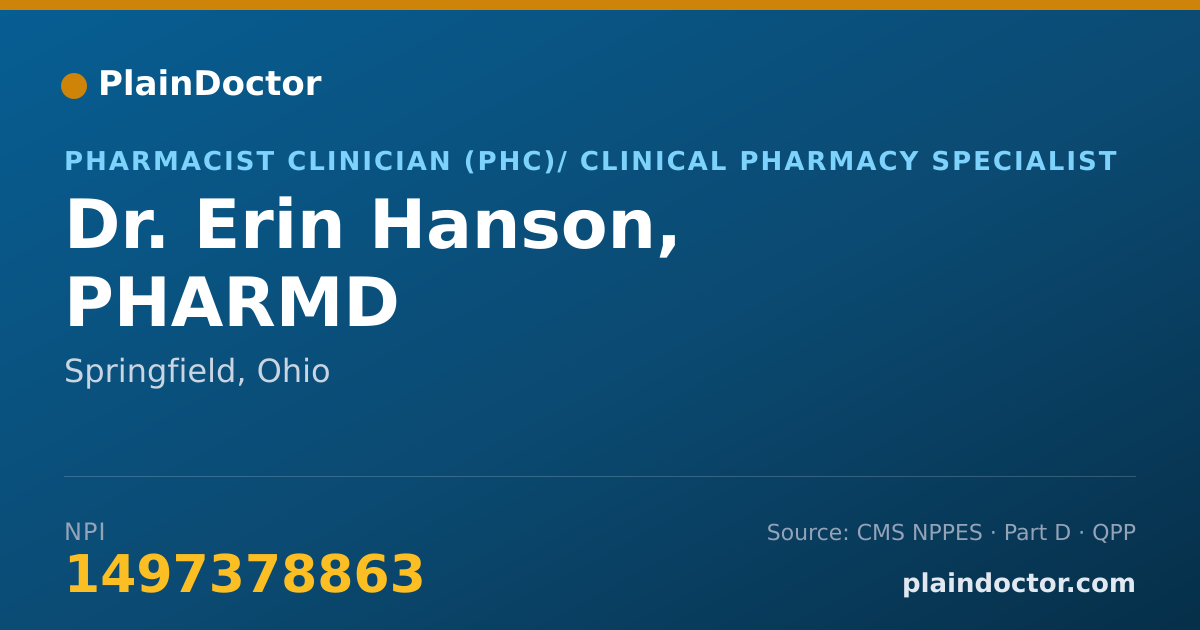 Shareable card for Erin Hanson, PHARMD - Pharmacist Clinician (PhC)/ Clinical Pharmacy Specialist, Springfield, OH