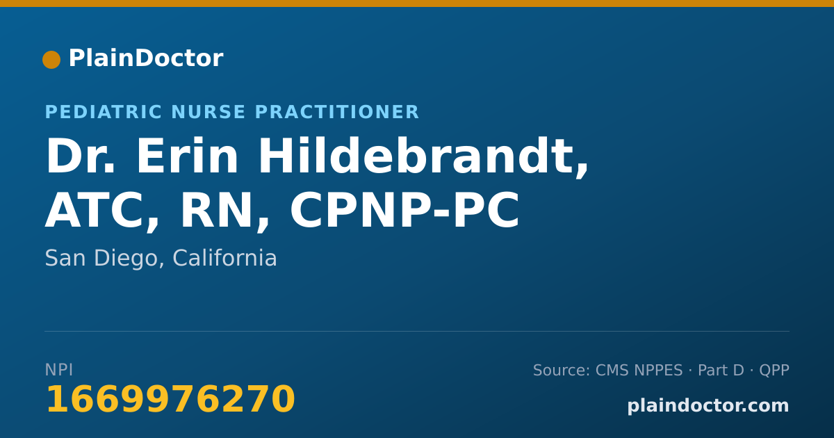 Shareable card for Erin Hildebrandt, ATC, RN, CPNP-PC - Pediatric Nurse Practitioner, San Diego, CA