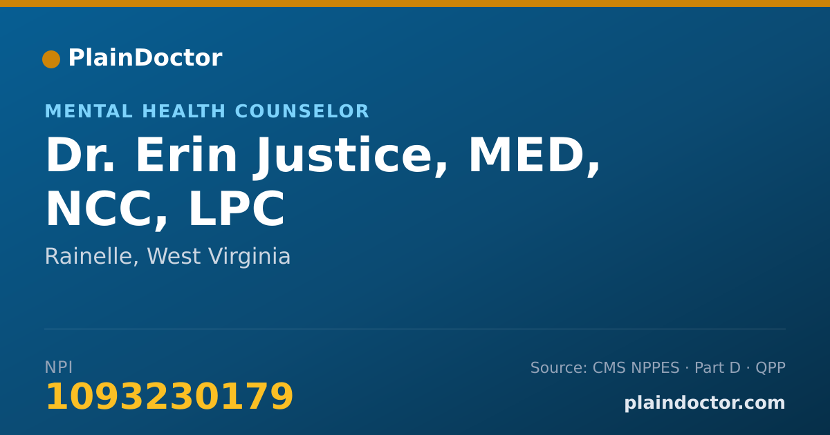 Shareable card for Erin Justice, MED, NCC, LPC - Mental Health Counselor, Rainelle, WV