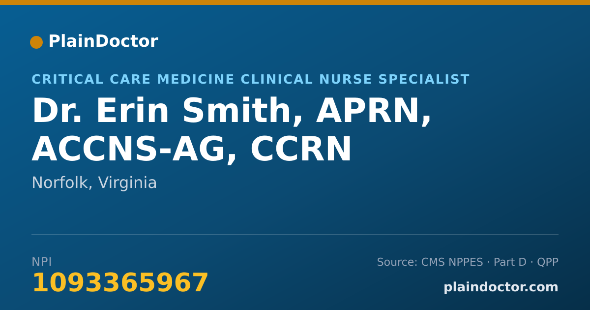 Shareable card for Erin Smith, APRN, ACCNS-AG, CCRN - Critical Care Medicine Clinical Nurse Specialist, Norfolk, VA