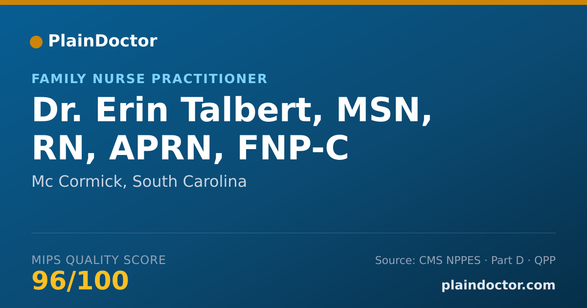 Shareable card for Erin Talbert, MSN, RN, APRN, FNP-C - Family Nurse Practitioner, Mc Cormick, SC