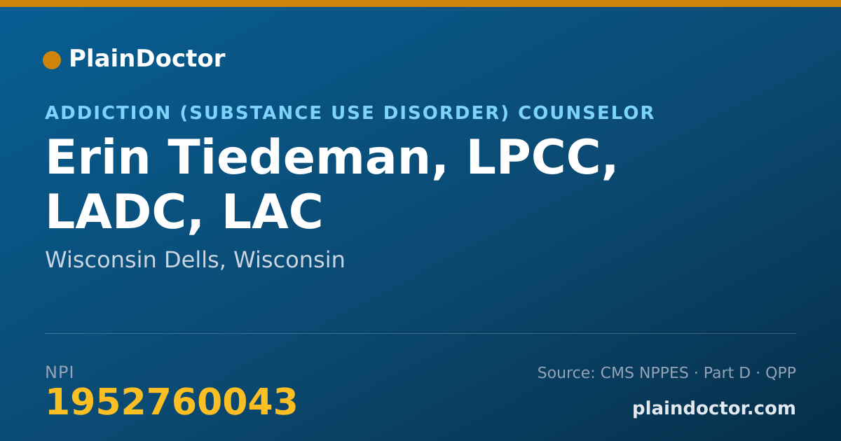 Shareable card for Erin Tiedeman, LPCC, LADC, LAC - Addiction (Substance Use Disorder) Counselor, Wisconsin Dells, WI