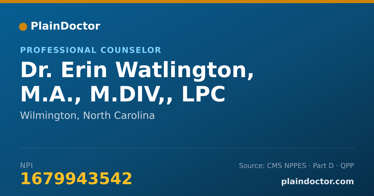 Shareable card for Erin Watlington, M.A., M.DIV,, LPC - Professional Counselor, Wilmington, NC