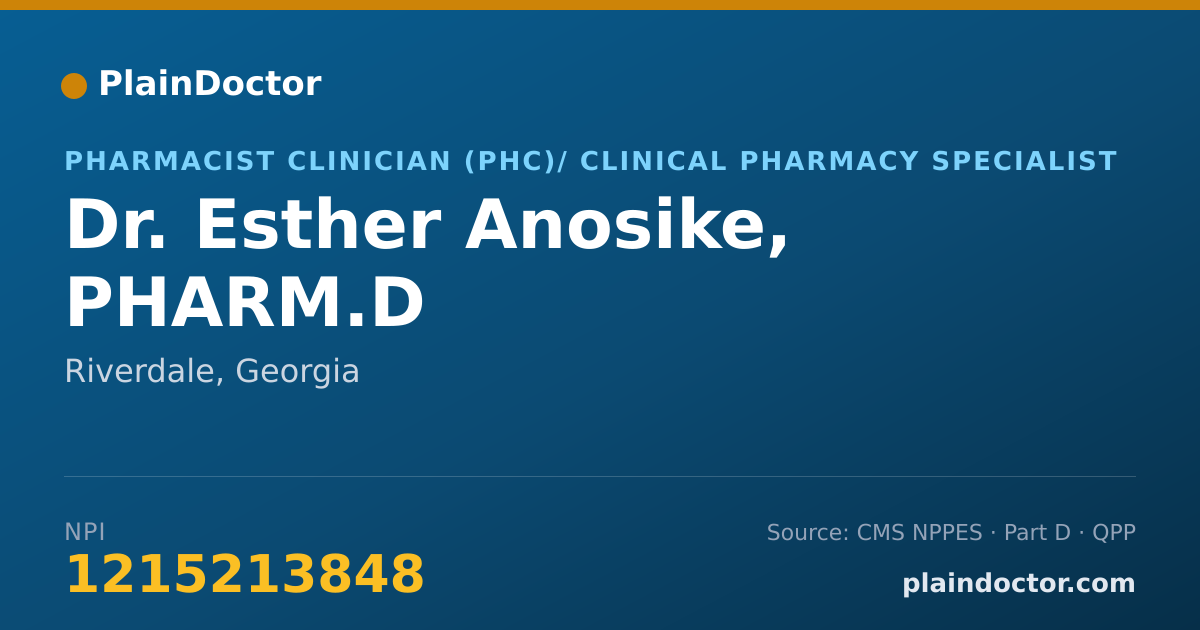 Shareable card for Esther Anosike, PHARM.D - Pharmacist Clinician (PhC)/ Clinical Pharmacy Specialist, Riverdale, GA