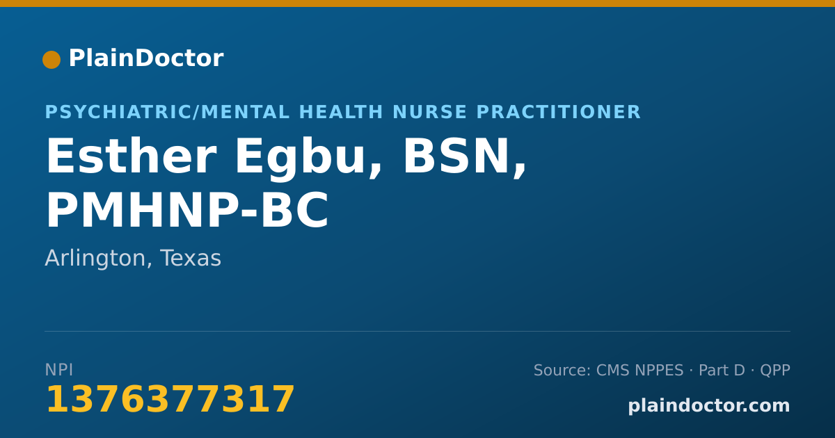 Shareable card for Esther Egbu, BSN, PMHNP-BC - Psychiatric/Mental Health Nurse Practitioner, Arlington, TX
