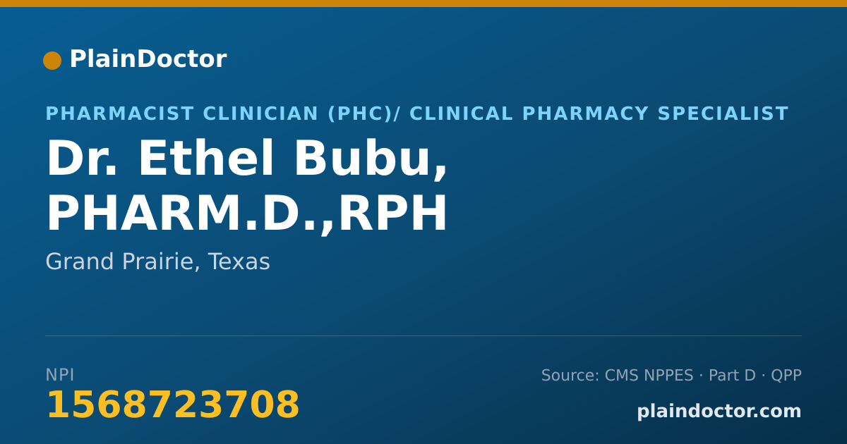 Shareable card for Ethel Bubu, PHARM.D.,RPH - Pharmacist Clinician (PhC)/ Clinical Pharmacy Specialist, Grand Prairie, TX