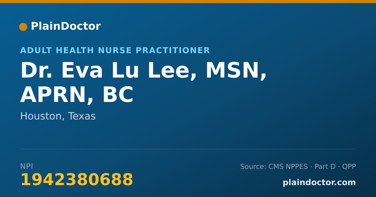Shareable card for Eva Lu Lee, MSN, APRN, BC - Adult Health Nurse Practitioner, Houston, TX