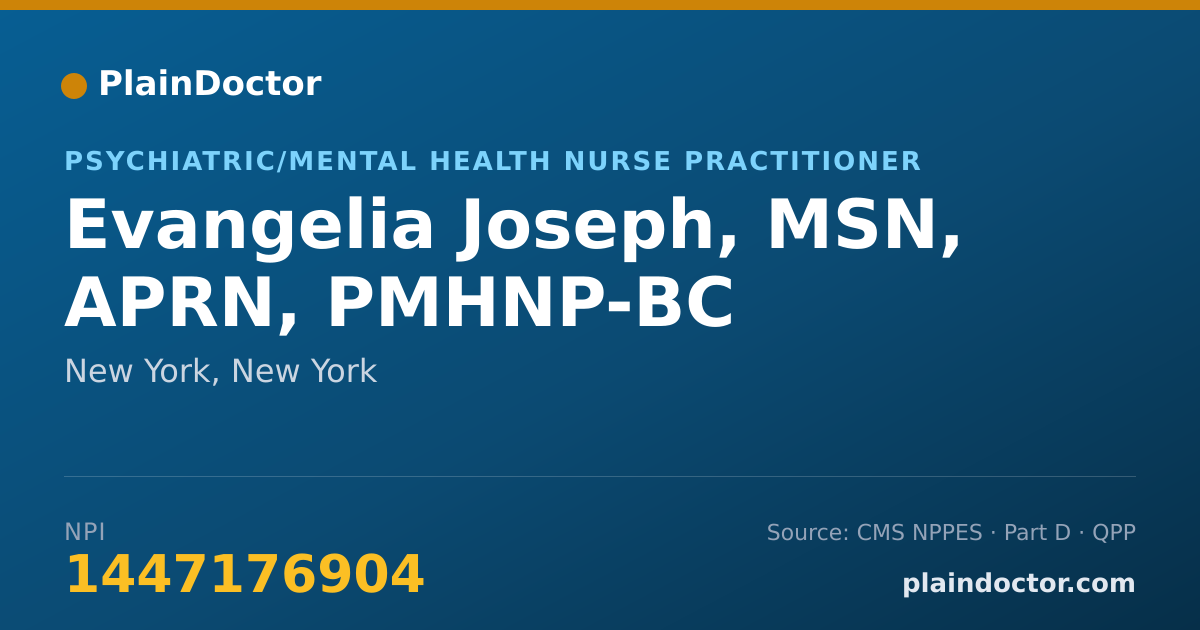 Shareable card for Evangelia Joseph, MSN, APRN, PMHNP-BC - Psychiatric/Mental Health Nurse Practitioner, New York, NY
