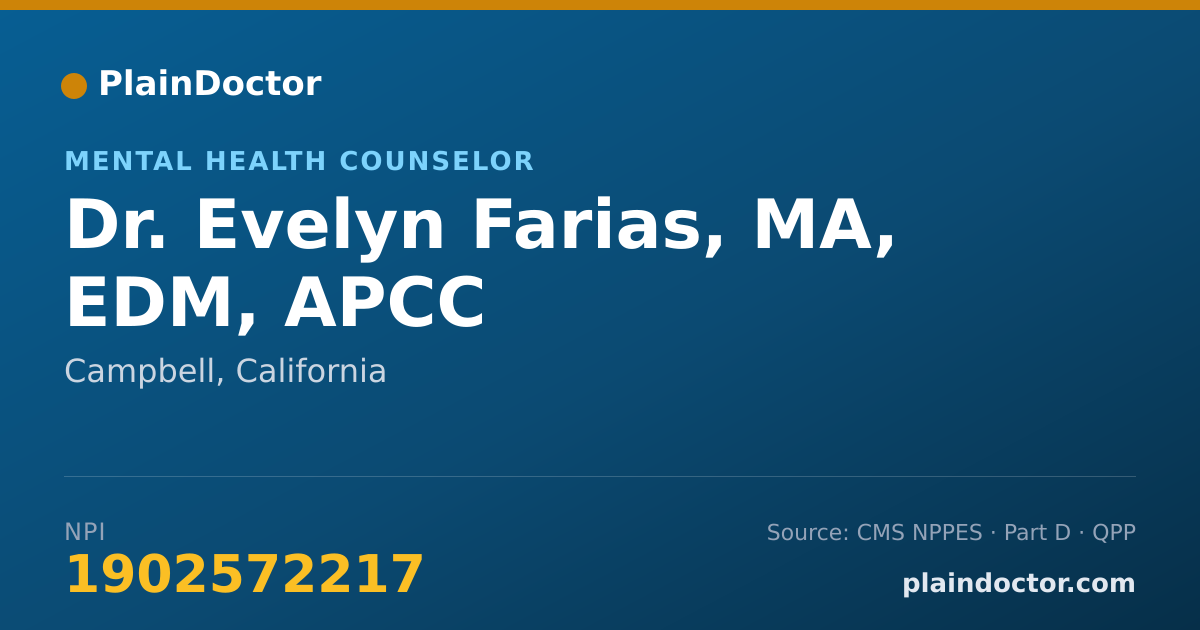 Shareable card for Evelyn Farias, MA, EDM, APCC - Mental Health Counselor, Campbell, CA