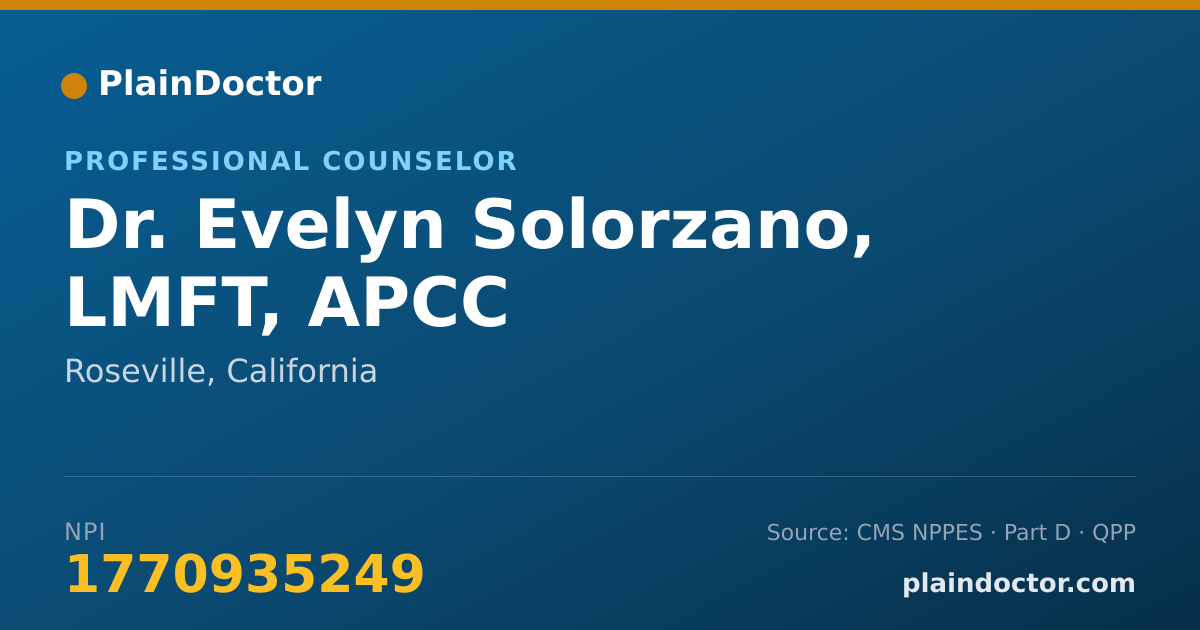 Shareable card for Evelyn Solorzano, LMFT, APCC - Professional Counselor, Roseville, CA
