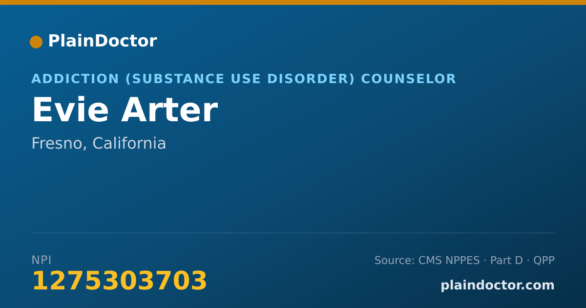 Shareable card for Evie Arter - Addiction (Substance Use Disorder) Counselor, Fresno, CA