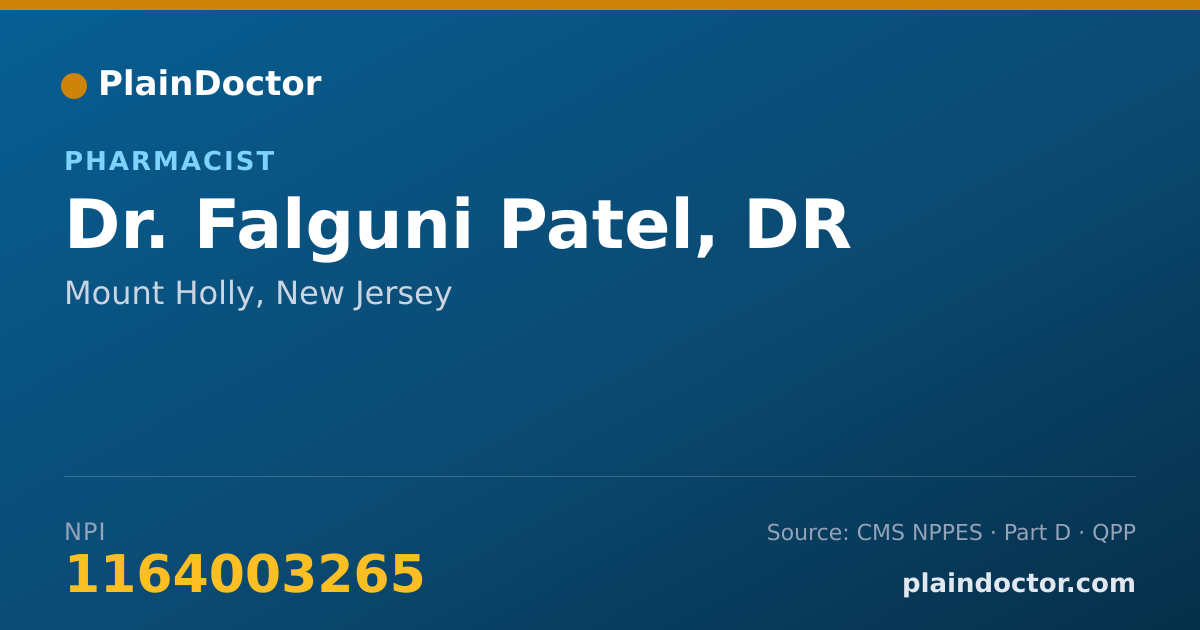 Shareable card for Falguni Patel, DR - Pharmacist, Mount Holly, NJ