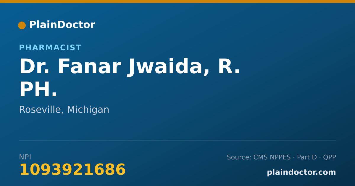 Shareable card for Fanar Jwaida, R. PH. - Pharmacist, Roseville, MI