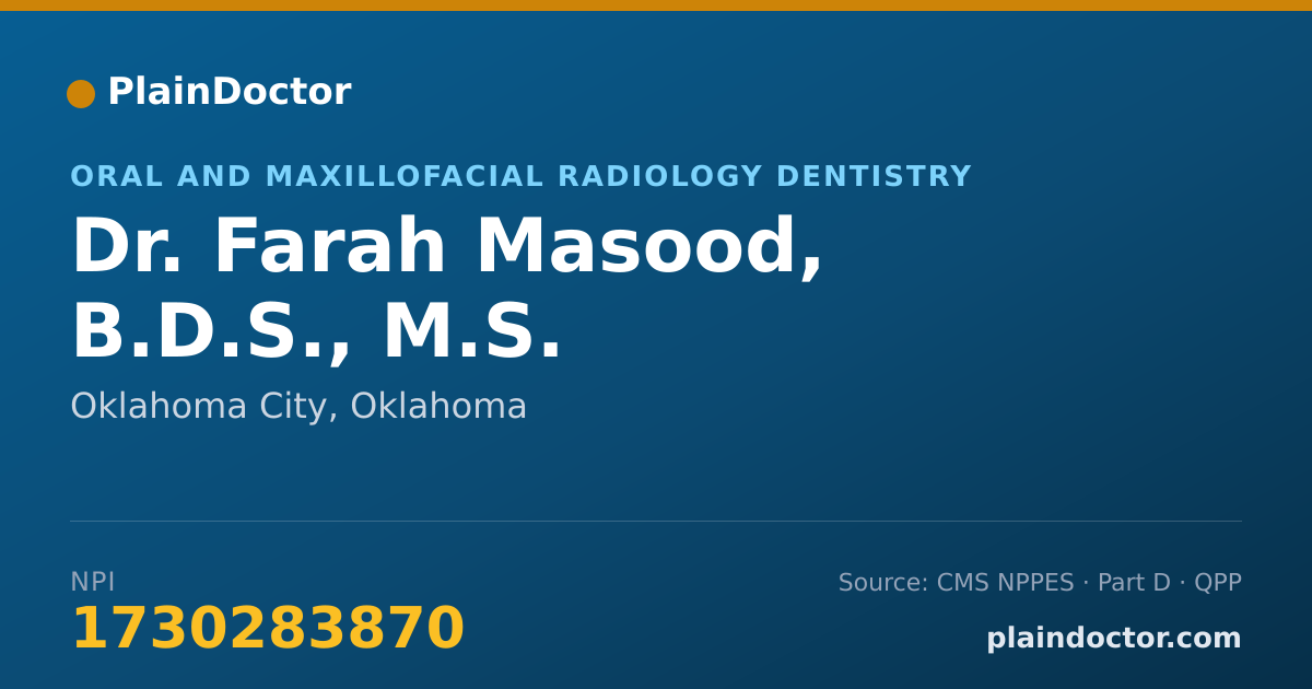 Shareable card for Farah Masood, B.D.S., M.S. - Oral and Maxillofacial Radiology Dentistry, Oklahoma City, OK