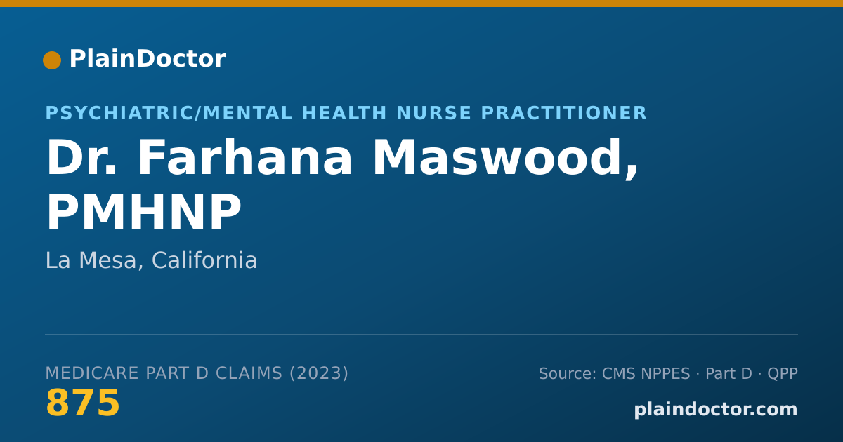 Shareable card for Farhana Maswood, PMHNP - Psychiatric/Mental Health Nurse Practitioner, La Mesa, CA