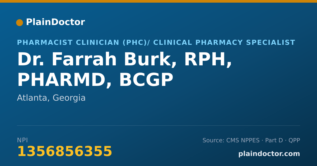 Shareable card for Farrah Burk, RPH, PHARMD, BCGP - Pharmacist Clinician (PhC)/ Clinical Pharmacy Specialist, Atlanta, GA