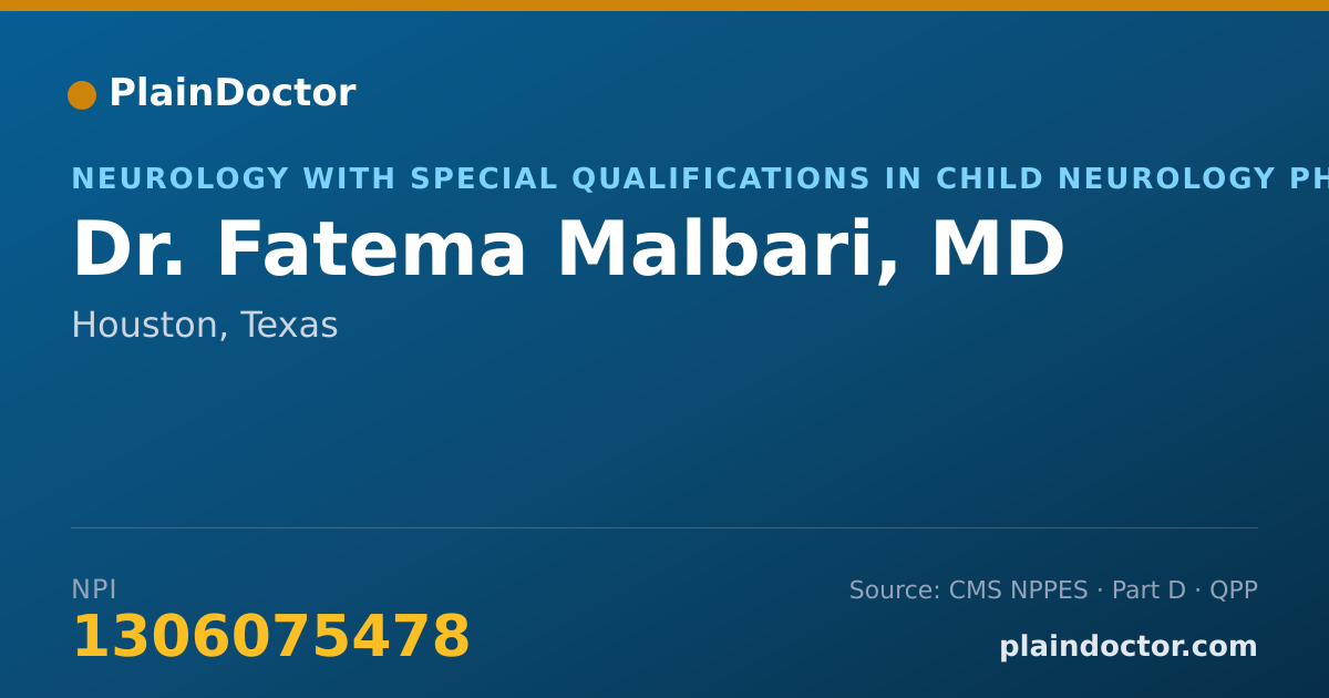 Shareable card for Fatema Malbari, MD - Neurology with Special Qualifications in Child Neurology Physician, Houston, TX