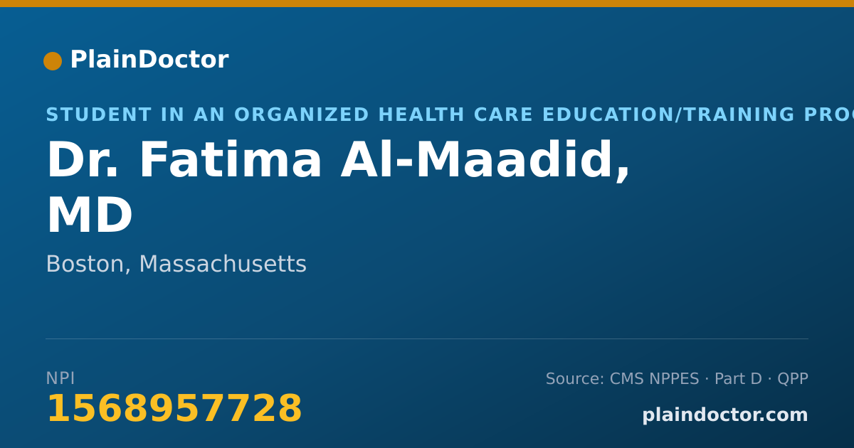 Shareable card for Fatima Al-Maadid, MD - Student in an Organized Health Care Education/Training Program, Boston, MA
