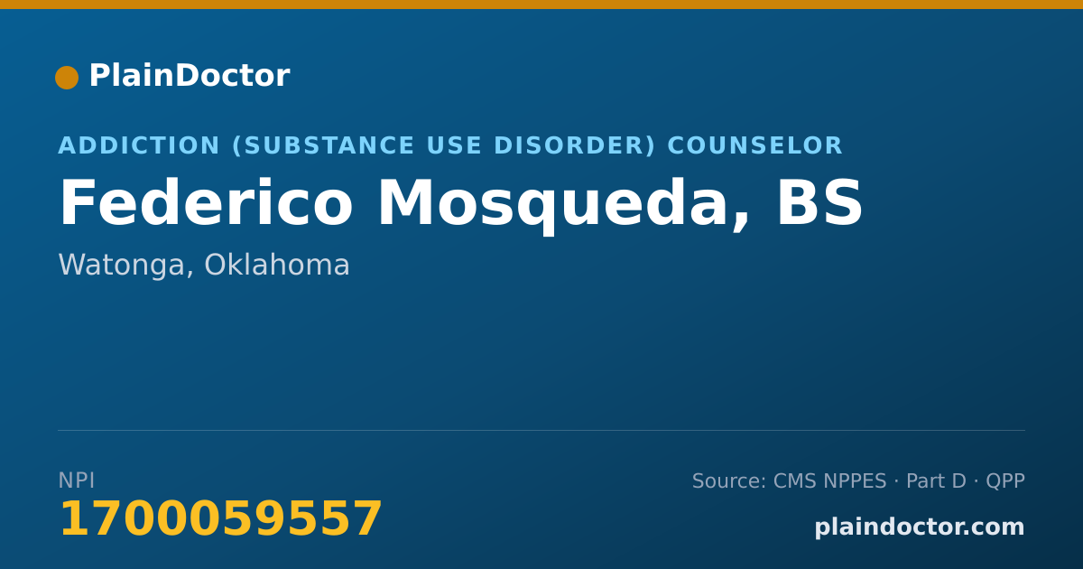 Shareable card for Federico Mosqueda, BS - Addiction (Substance Use Disorder) Counselor, Watonga, OK