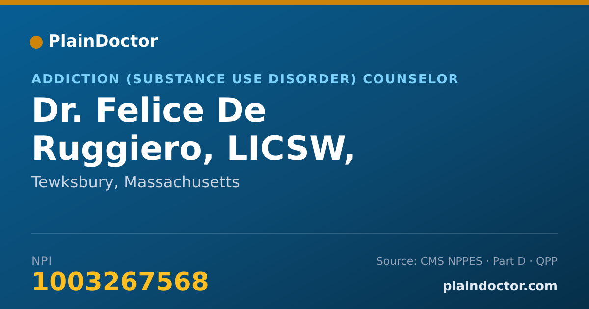 Shareable card for Felice De Ruggiero, LICSW, LADC-1 - Addiction (Substance Use Disorder) Counselor, Tewksbury, MA
