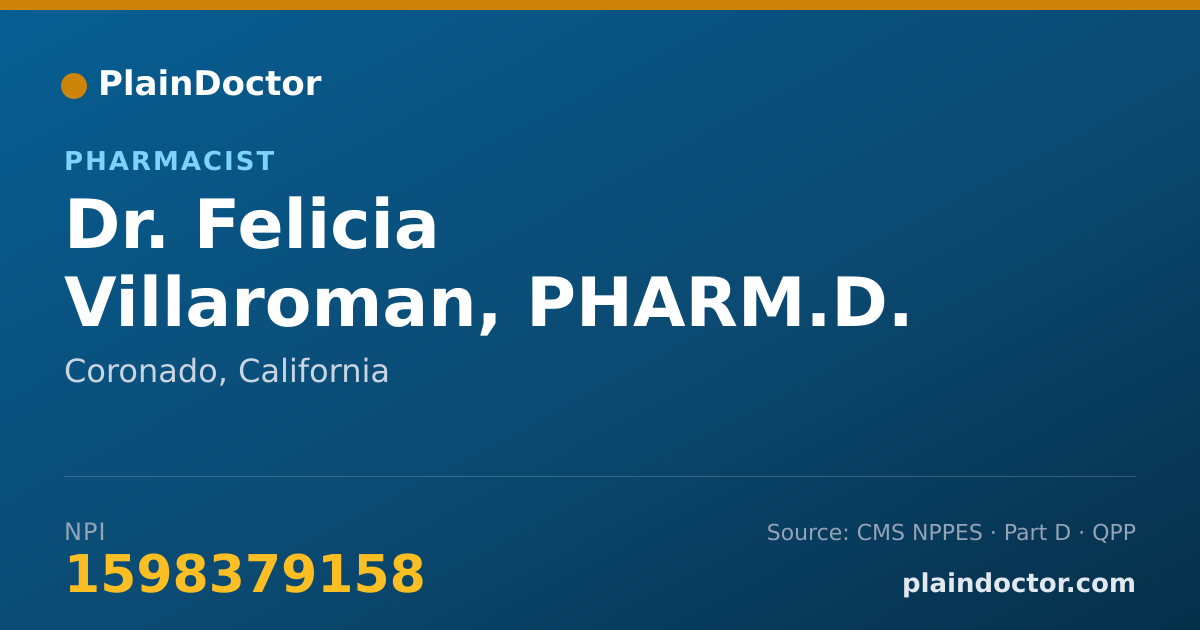 Shareable card for Felicia Villaroman, PHARM.D. - Pharmacist, Coronado, CA