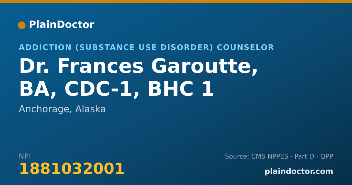 Shareable card for Frances Garoutte, BA, CDC-1, BHC 1 - Addiction (Substance Use Disorder) Counselor, Anchorage, AK