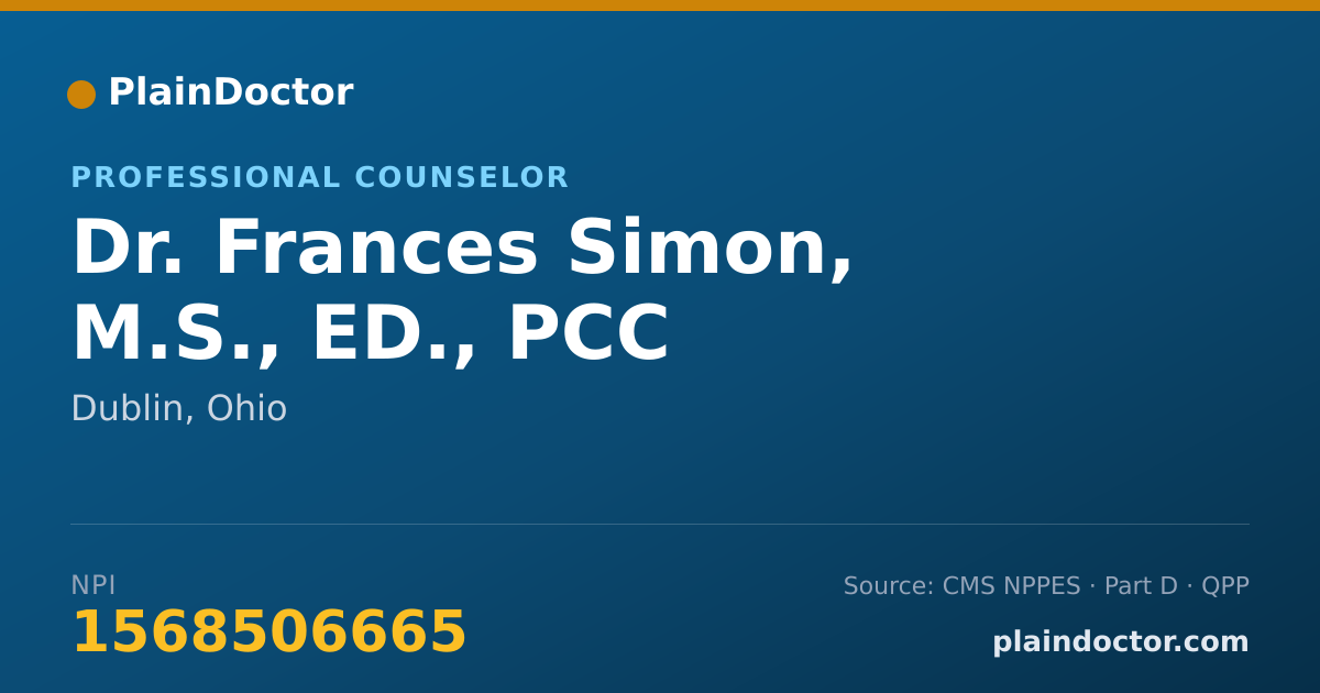 Shareable card for Frances Simon, M.S., ED., PCC - Professional Counselor, Dublin, OH