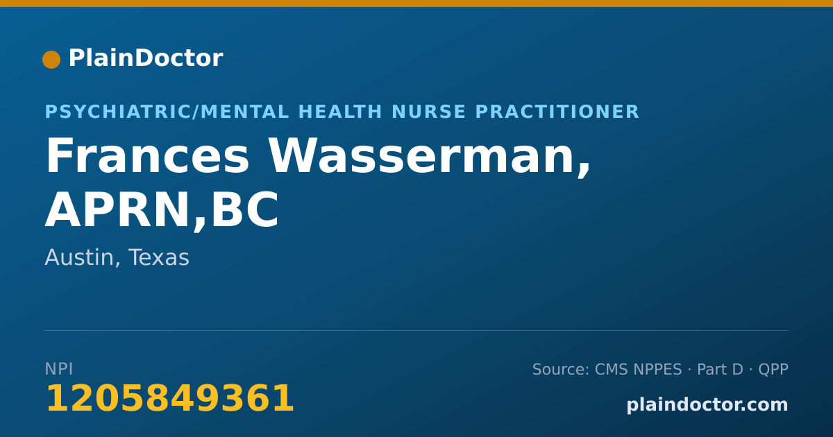 Shareable card for Frances Wasserman, APRN,BC - Psychiatric/Mental Health Nurse Practitioner, Austin, TX