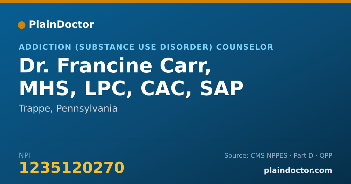 Shareable card for Francine Carr, MHS, LPC, CAC, SAP - Addiction (Substance Use Disorder) Counselor, Trappe, PA