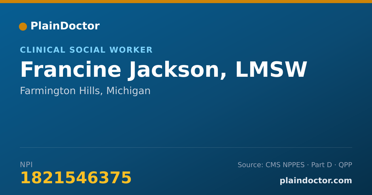 Shareable card for Francine Jackson, LMSW - Other Technician, Farmington Hills, MI
