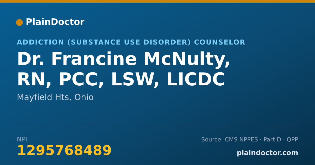 Shareable card for Francine McNulty, RN, PCC, LSW, LICDC - Addiction (Substance Use Disorder) Counselor, Mayfield Hts, OH