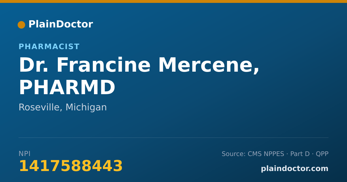 Shareable card for Francine Mercene, PHARMD - Pharmacist, Roseville, MI