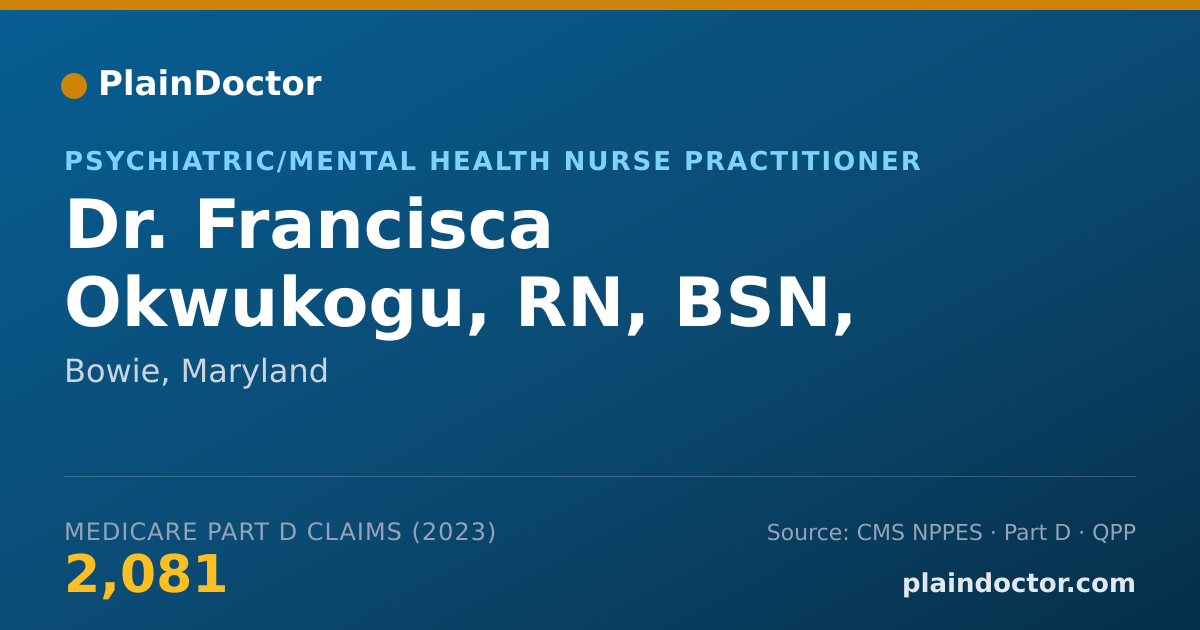 Shareable card for Francisca Okwukogu, RN, BSN, MSN, PMHNP- - Psychiatric/Mental Health Nurse Practitioner, Bowie, MD