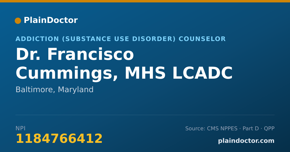 Shareable card for Francisco Cummings, MHS LCADC - Addiction (Substance Use Disorder) Counselor, Baltimore, MD