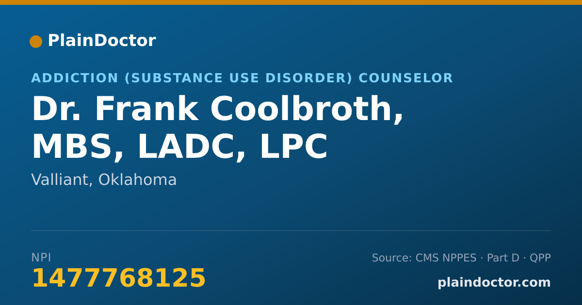 Shareable card for Frank Coolbroth, MBS, LADC, LPC - Addiction (Substance Use Disorder) Counselor, Valliant, OK