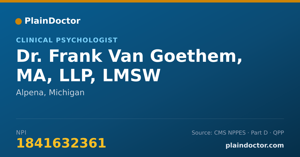 Shareable card for Frank Van Goethem, MA, LLP, LMSW - Clinical Psychologist, Alpena, MI