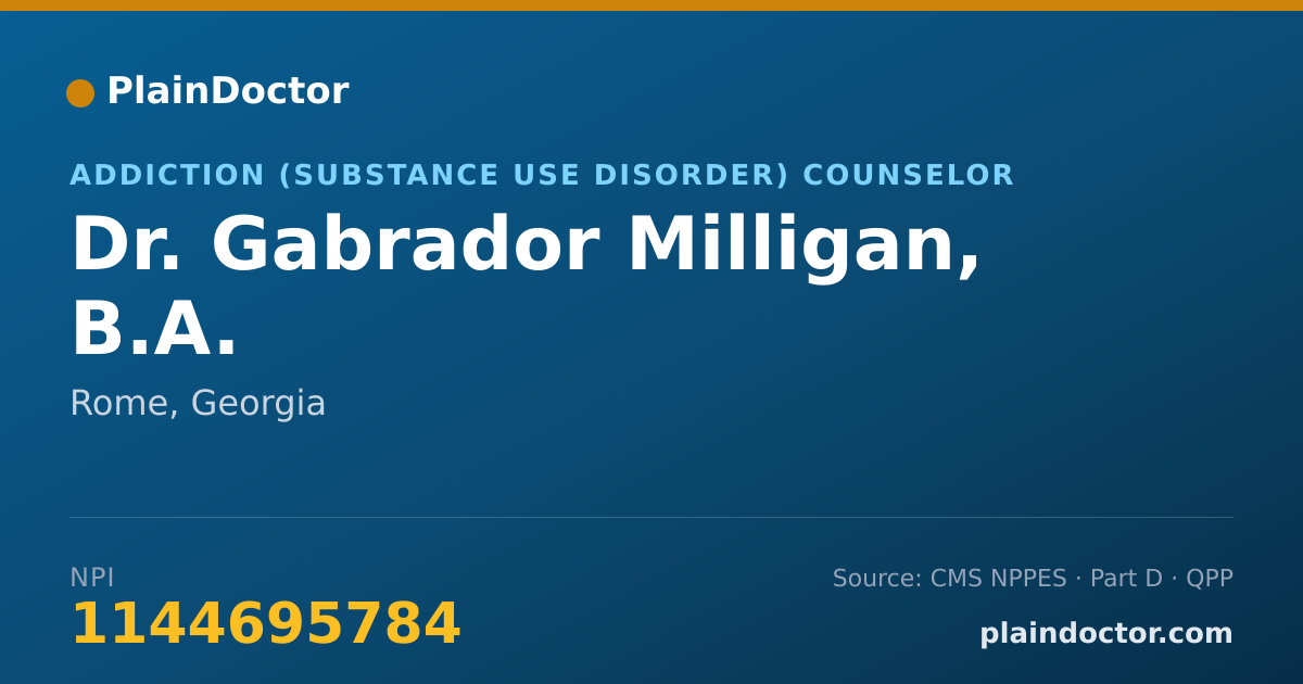 Shareable card for Gabrador Milligan, B.A. - Addiction (Substance Use Disorder) Counselor, Rome, GA