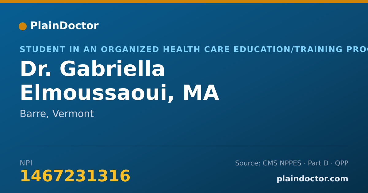 Shareable card for Gabriella Elmoussaoui, MA - Student in an Organized Health Care Education/Training Program, Barre, VT