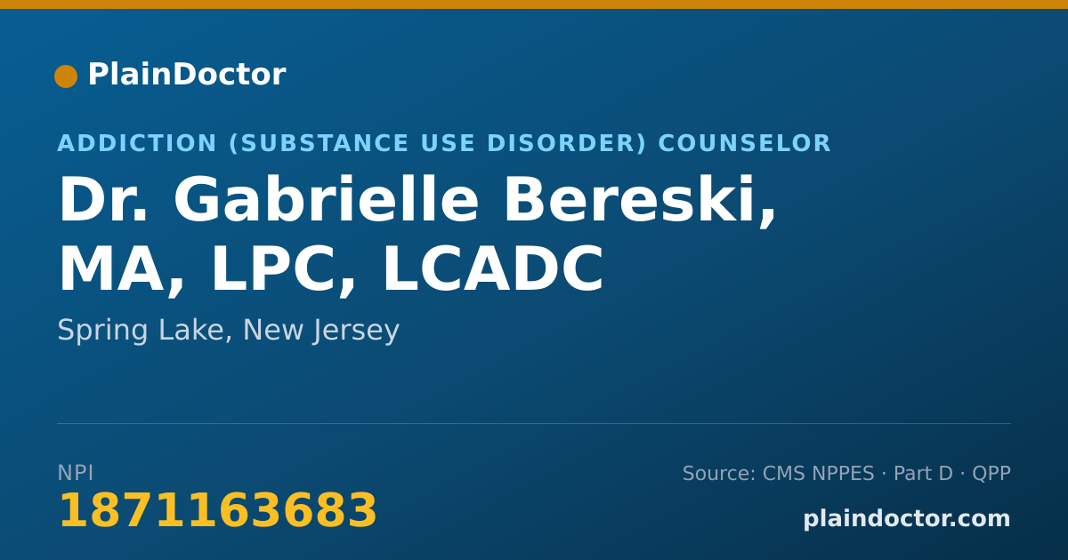 Shareable card for Gabrielle Bereski, MA, LPC, LCADC - Addiction (Substance Use Disorder) Counselor, Spring Lake, NJ