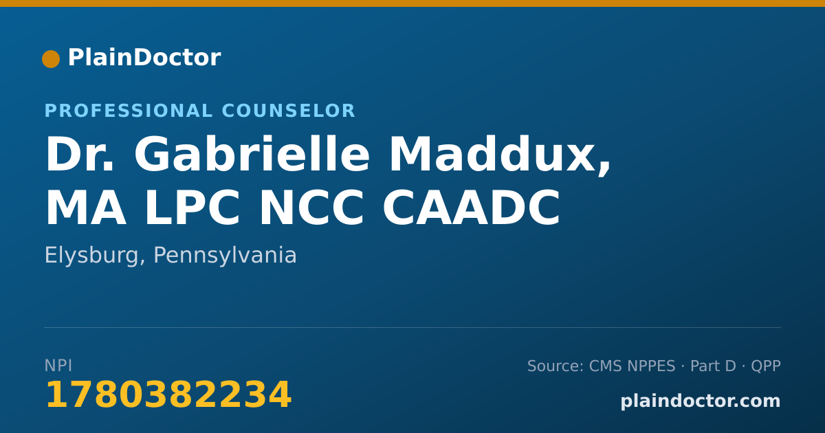 Shareable card for Gabrielle Maddux, MA LPC NCC CAADC - Professional Counselor, Elysburg, PA