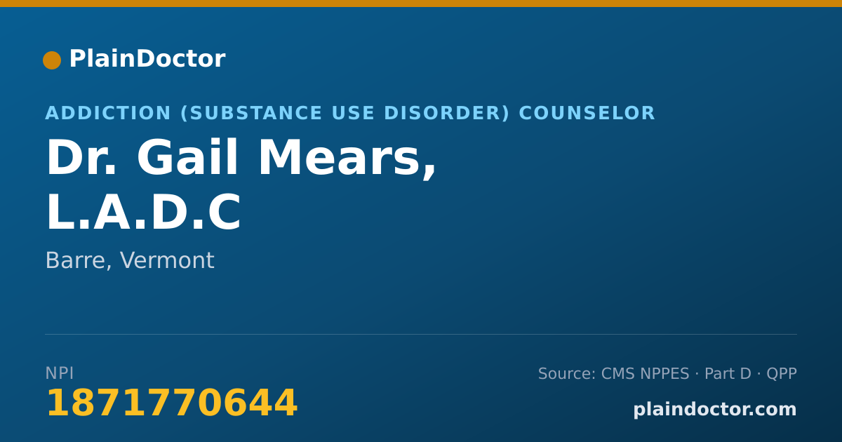 Shareable card for Gail Mears, L.A.D.C - Addiction (Substance Use Disorder) Counselor, Barre, VT