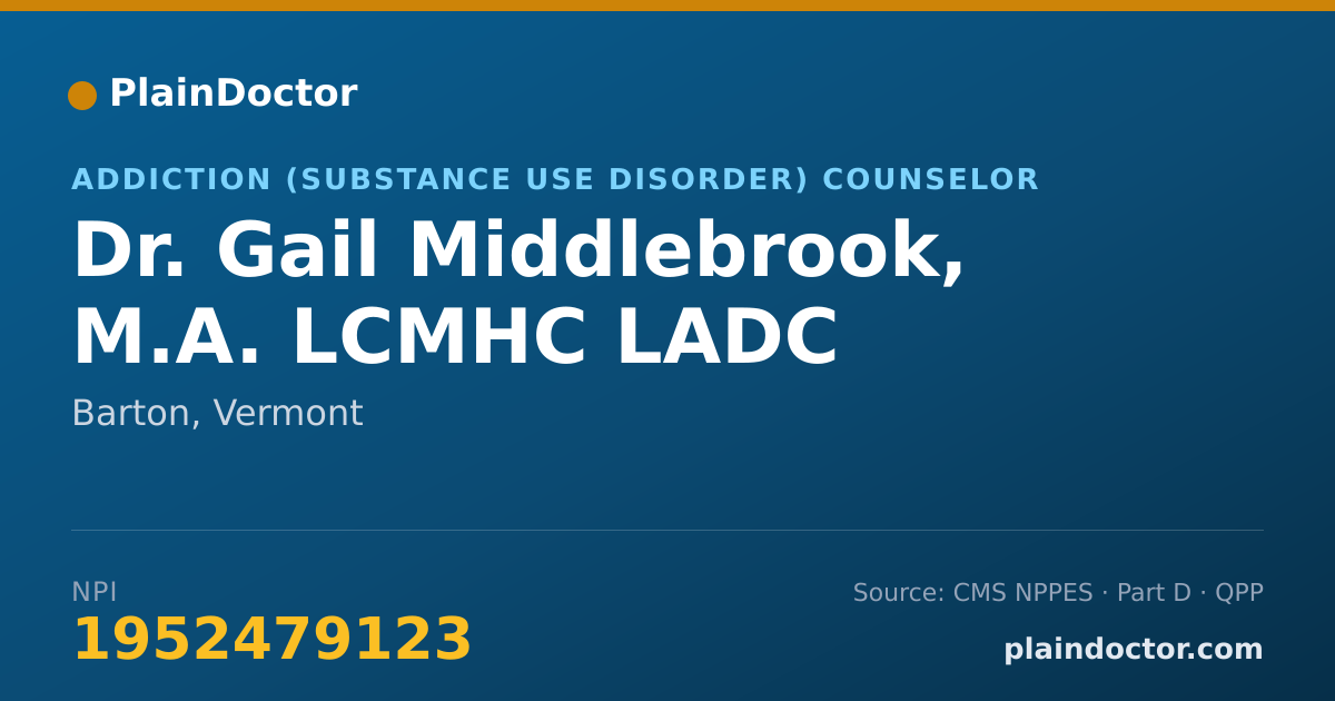 Shareable card for Gail Middlebrook, M.A. LCMHC LADC - Addiction (Substance Use Disorder) Counselor, Barton, VT